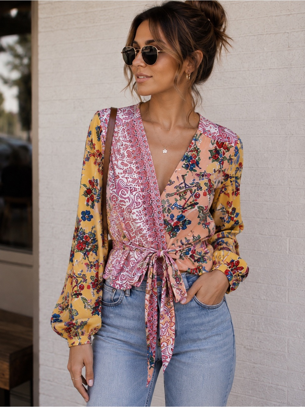 Anthropologie Yellow and Pink Floral Patchwork Tie-Front Blouse